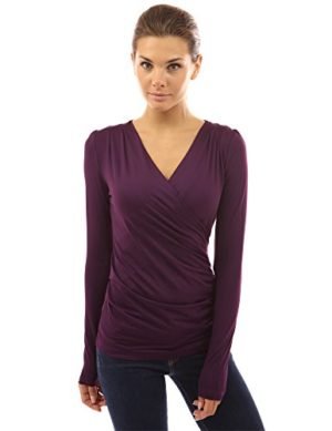 PattyBoutik Women's Faux Wrap Long Sleeve Pullover Blouse (Dark Purple S)