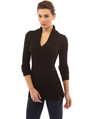PattyBoutik Women's Shawl Collar Faux Wrap Lace Up Sweater (Black S ...