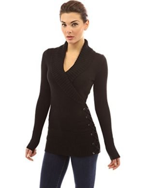 PattyBoutik Women's Shawl Collar Faux Wrap Lace Up Sweater (Black S)