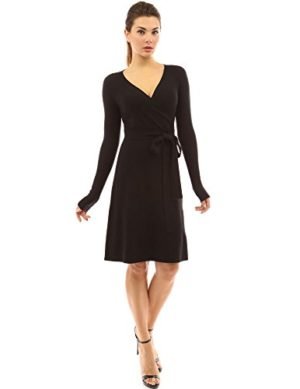 PattyBoutik Women's V Neck Faux Wrap Long Sleeve Knit Dress (Black S)