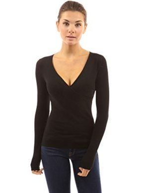 PattyBoutik Women's V Neck Faux Wrap Sweater (Black S)