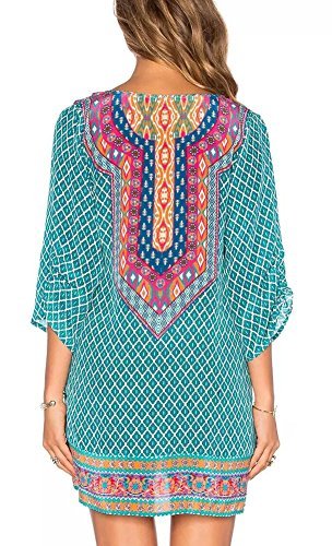 Women Bohemian Neck Tie Vintage Printed Ethnic Style Summer Shift Dress - Image 4