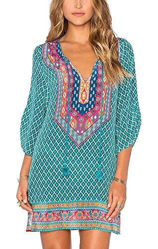 Women Bohemian Neck Tie Vintage Printed Ethnic Style Summer Shift Dress