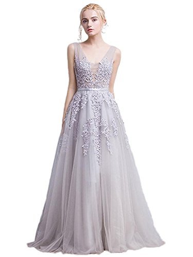 Babyonline Women's Double V-Neck Tulle Appliques Long Evening Cocktail Gowns