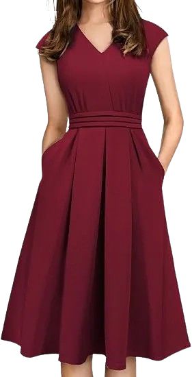Women's Vintage 50s Cap Sleeve Pleated Waist Cocktail Retro Flared Dress with Pocket