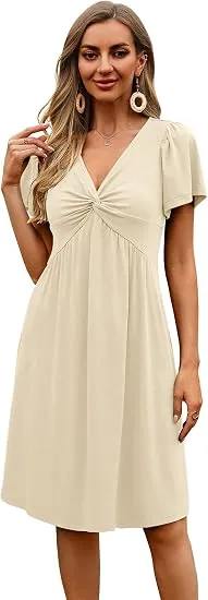 Womens Casual Summer Twist Front V Neck Ruffle Sleeve Flowy
