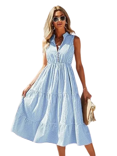 Women's Striped Print Notched Neck Sleeveless Ruffle A Line Midi Dress