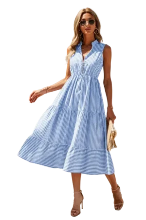 Women's Striped Print Notched Neck Sleeveless Ruffle A Line Midi Dress