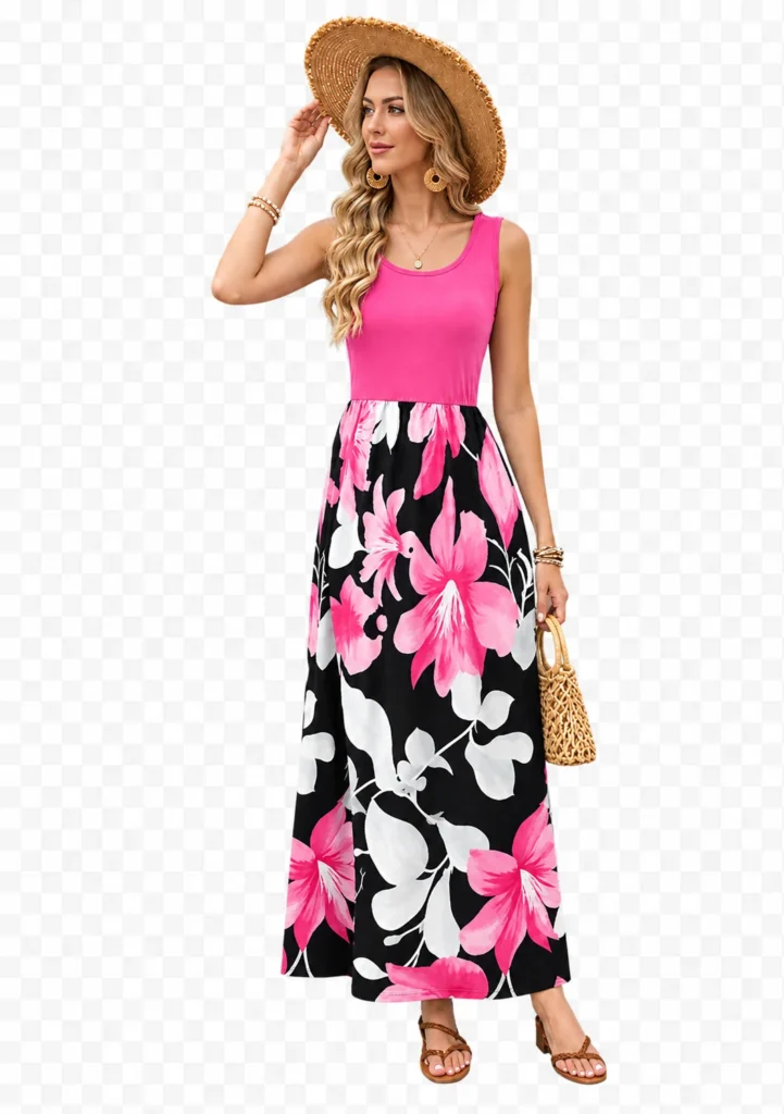Print Tank Maxi Long Dress (S, Pink)