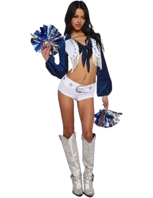 Lone Star Cheerleader Costume Set by Trickz N' Treatz – Crop Top, Shorts, Vest, Pom-Poms, and Hair Clip