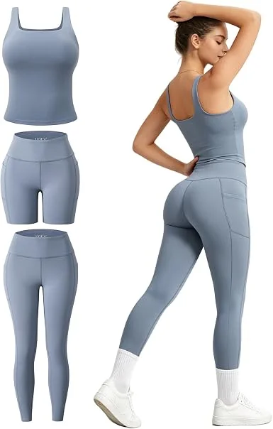 UOUA 3 Piece Workout Sets for Women Sports Bra Leggings Biker Shorts with Pockets, High Waisted, Butt Lifting, Gym Yoga Pilates, Matching Set