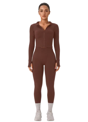 Womens Workout Sets 2 Piece Seamless Ribbed Long Sleeve Yoga Outfits High Waist Leggings Zipper Jacket Thumb Hole Gym