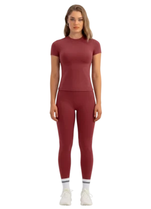 Womens 2 Piece Workout Sets Yoga Short Sleeve Shirt High Waist Leggings-Photoroom