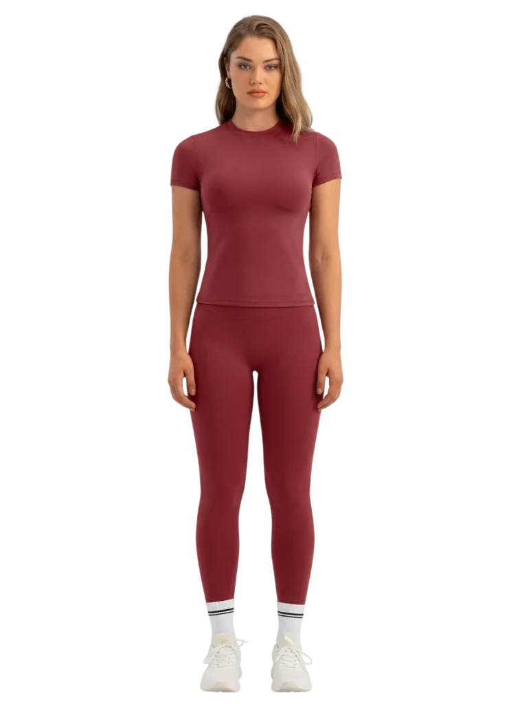 Womens 2 Piece Workout Sets Yoga Short Sleeve Shirt High Waist Leggings-Photoroom